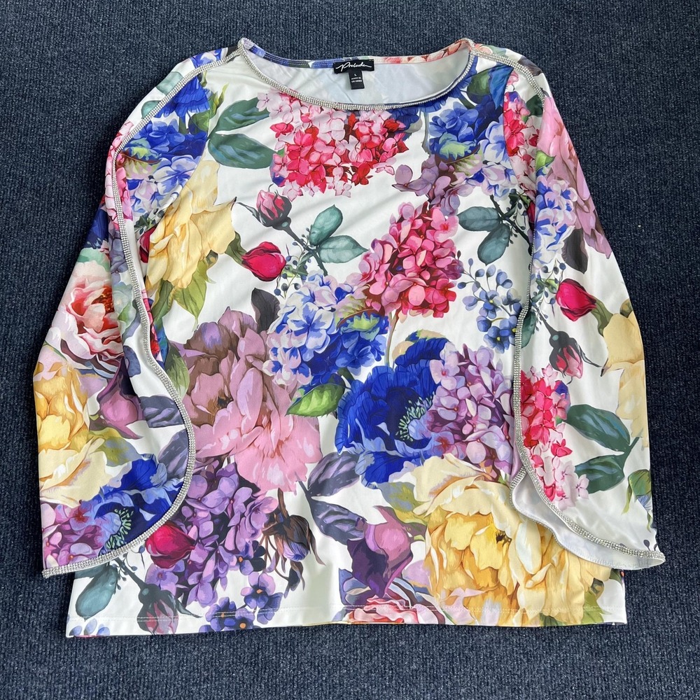 Prelude Blouse Womens‎ Large Multicolor Floral Beaded Long Flutter Sleeve Top